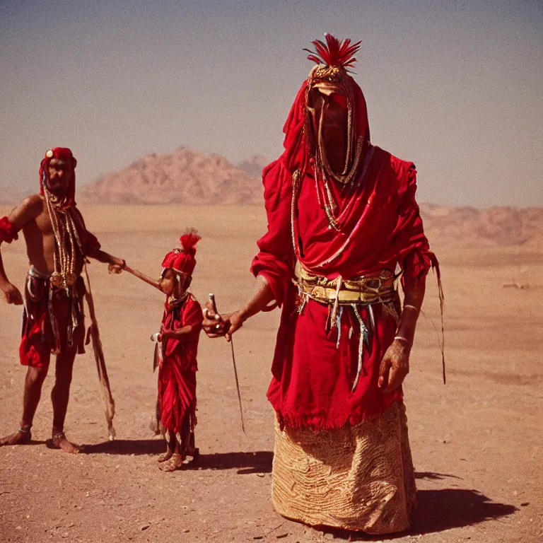 Prompt: 8k pov of a tribe in the desert, Cinestill 800t trending on Flickr, wear red tunics and very long beak gold mask and jewels