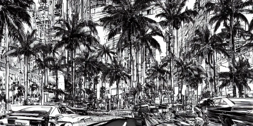 Prompt: cinematic high contrast graphic illustration of hyper detailed highway realistic streetwalkng in an afro futurist city blocks palm trees, by frank lloyd wright architect, bill sienkiewicz, wide angle, insanely detailed and intricate