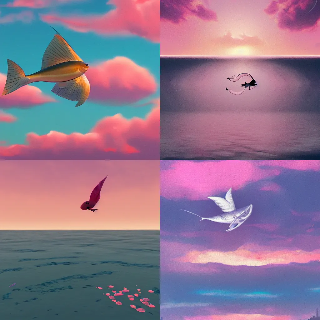Prompt: pink skies with fish flying, trending in artstation