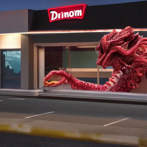 Image similar to A Demogorgon working at the drive-thru of a McDonald\'s, cinematic, 8k, hyper realistic