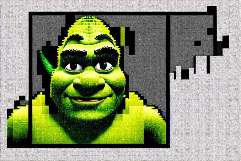 Image similar to ( ( dither ) ), editorial pixel art portrait of an angled 2 d shrek,'he knows what you did ', confident smirk, 😏, ( ( mads berg ) ), rich detailed pixels, detailed, dynamic composition, detailed pixel artwork, full og shrek, wide angle, matte print, art nouveau, unreal engine