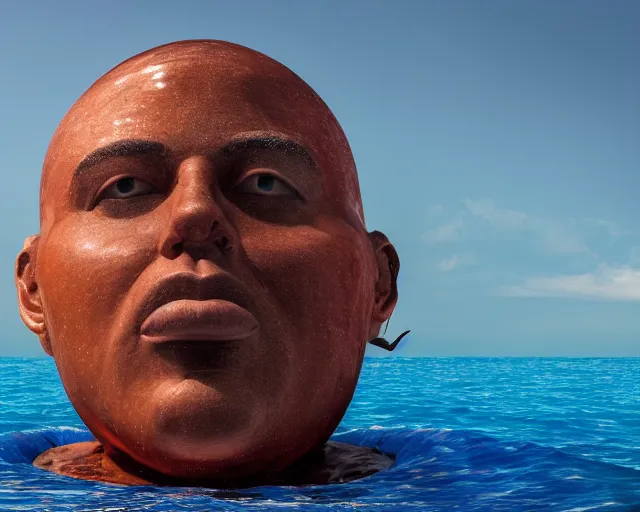 Prompt: a long shot of a giant award winning sculpture of a human head made out of a huge amount of inflatable pool toys, on the surface of the ocean, in the style of chad knight, hyper detailed, hyper realistic, ray tracing, 8 k resolution, sharp focus, realistic water