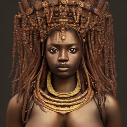 Image similar to Dark skin female goddess of love, three-quarter body, oil on canvas, renaissance, leather, aquamarine, hyper-detailed, 3d octane render , digital art