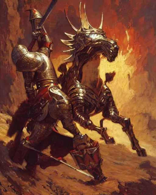 Image similar to rugged knight battles a hydra, painting by gaston bussiere, craig mullins, j. c. leyendecker