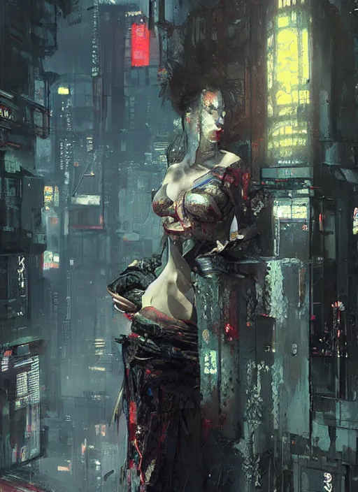 Image similar to cyberpunk geisha, rule of thirds, intricate outfit, spotlight, by greg rutkowski, by jeremy mann, digital painting