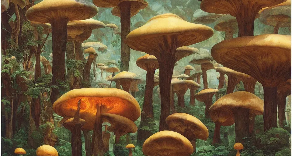 Image similar to A tribal village in a forest of giant mushrooms, by Thomas Blackshear