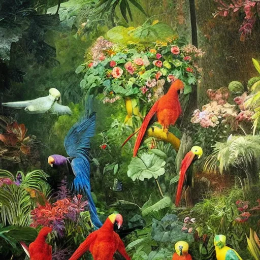 Image similar to “a garden filled with parrots, exotic flowers and forest nymphs. Painting by Rutkowski. 4K, trending on Art station.” W-768