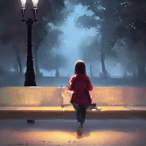 Prompt: a girl reading a book, city park, street lighting, greg rutkowski, digital painting