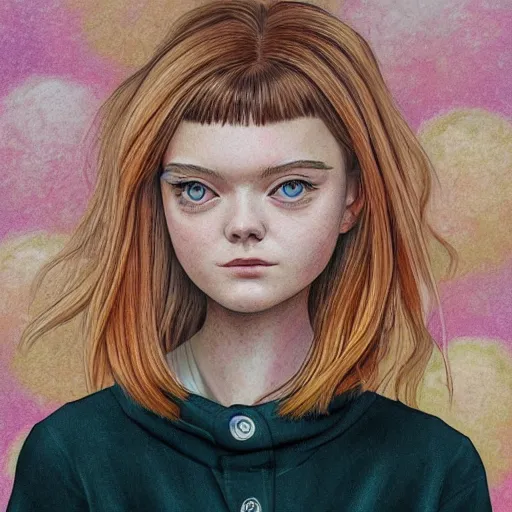 Image similar to professional painting of Elle Fanning in the style of Uzumaki, head and shoulders portrait, symmetrical facial features, smooth, sharp focus, illustration, intricate, stormy weather, extremely detailed masterpiece,