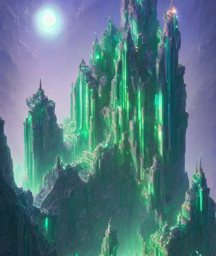 Prompt: a detailed digital painting of a crystalline palace made of gleaming emeralds, by moebius and tyler edlin and lee madgwick, trending on artstation, digital art, 4 k resolution, detailed, beautiful render, octane render, high quality, sharp focus, hq artwork, coherent, insane detail, concept art