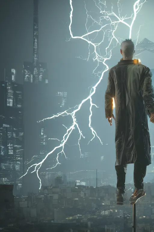 Image similar to man with lightning in his hands flying several meters above the ground with his arms crossed and with a long jacket, cyberpunk, in Paris,, realistic, high definition, many details, symmetrical face, realistic eyes, unreal engine art 5