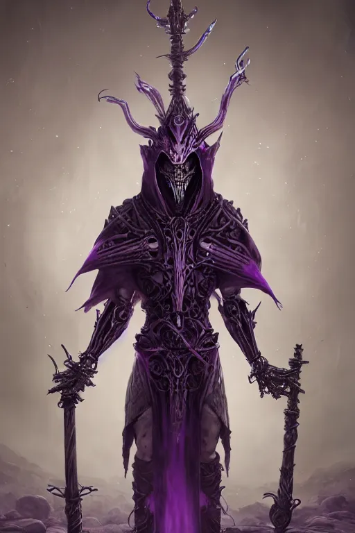 Prompt: high intricate game character and environment design, ( ( biomechanical ) ) archanist covered in otherworldly dreamy purple magic holding a staff, tattered!!! robe and hood, stone pathway, aetherpunk, scary, arrogant, hostile, unreal engine, octane render, 5 0 0 px, 8 k, wide angle