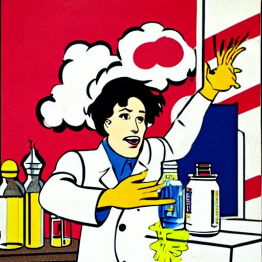 Image similar to a burning chemist in a white coat, roy lichtenstein