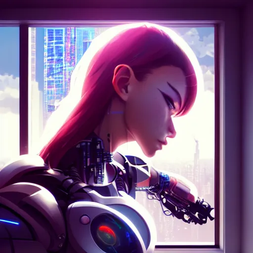 Image similar to beautiful cyborg girl punching a large reflective window, refractions on lens, full round face, biomechanical details, cyberpunk anime art, full body shot, window reflections, lens flare, wlop, ilya kuvshinov, artgerm, krenz cushart, greg rutkowski