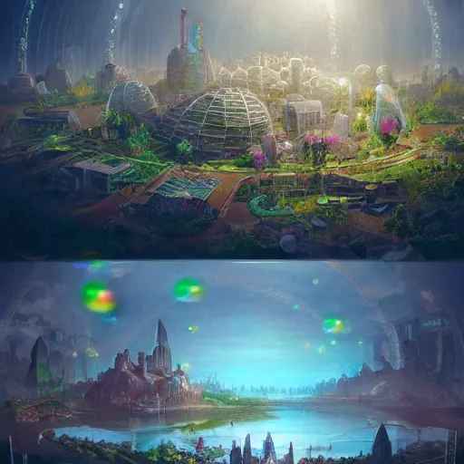 Image similar to a bubble terrarium utopia, with cities galore, dynamic lighting, fantasy concept art, trending on art station, stunning visuals, creative, cinematic, ultra detailed