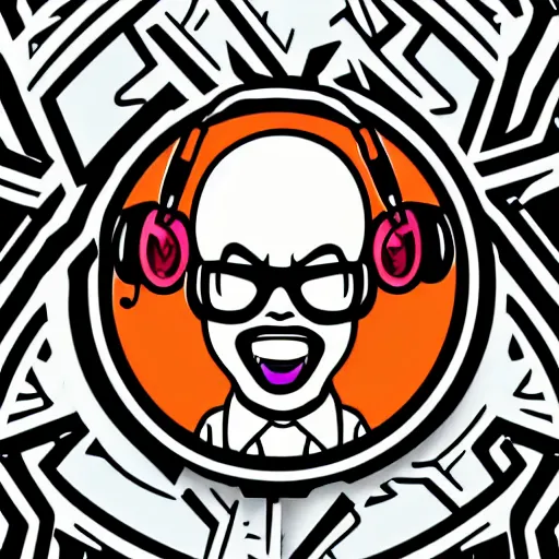 Image similar to svg vector sticker of absolutely insane-mad-scientist-villain, rocking out, wearing headphones, huge speakers, dancing, rave, DJ, spinning records, digital art, amazing composition, rule-of-thirds, award-winning, trending on artstation, featured on deviantart