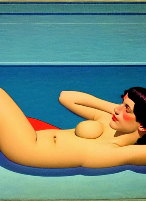 Image similar to portrait of a girl, in retro swimsuit, lying by the pool, minimalist oil painting by john godward, flat colors, beautiful lightning, sharp