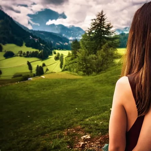 Image similar to a beautiful photograph of a girl with switzerland landscape in the background with trees, hdr, 8 k, high quality, sharp focus, artstation, highly detailed, award - winning, dramatic lighting, beautiful clouds, and nature