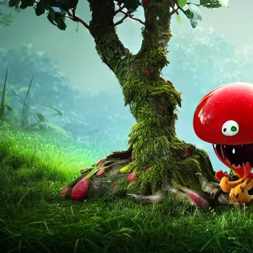 Image similar to a nature photo of a cute, adorable, fury monster eating bugs for lunch while sitting on a red mushroom in the fantasy forest, in the style of Pixar, extremely detailed, wide shot, sharp and detailed, Octane render