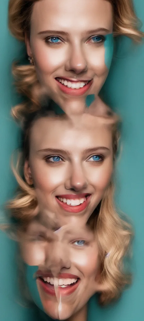 Image similar to portrait photo of smiling woman, photo of Scarlett Johansson:: symmetric face, symmetric eyes, slight smile, photo by Annie Leibovitz, 85mm, teal studio backdrop, Getty images