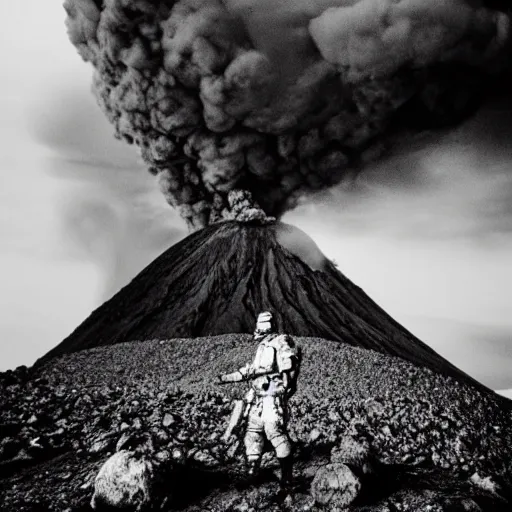 Image similar to Close-up of a heavy-armored soldier standing infront of an erupting volcano, black and white, professional photography, eerie, cinematic