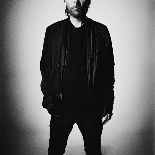 Image similar to Thom Yorke, a man with a beard and a black jacket, a portrait by John E. Berninger, dribble, neo-expressionism, uhd image, studio portrait, 1990s