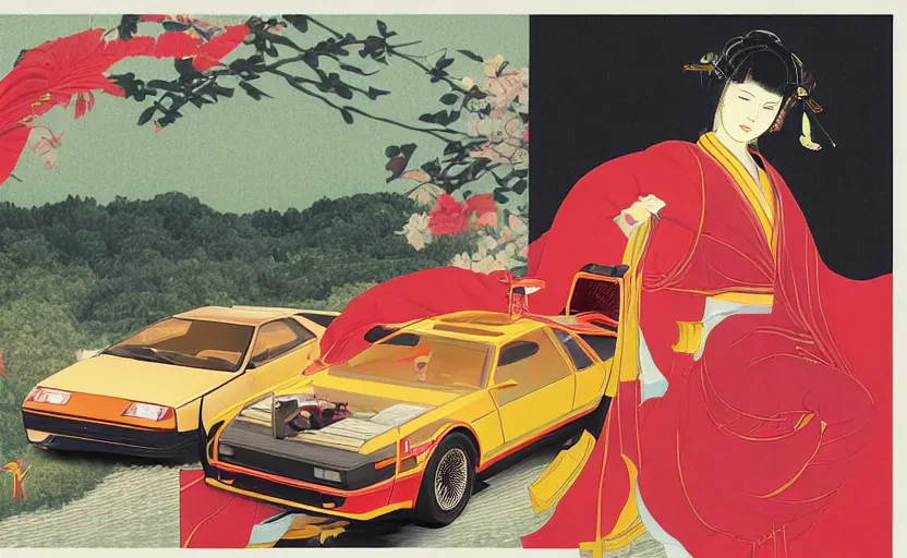 Image similar to a red delorean and a yellow tiger, art by hsiao - ron cheng and utagawa kunisada, magazine collage, # e 5 3 7 1 b, # e 4 e 6 2 0, # de 9 5 f 0,