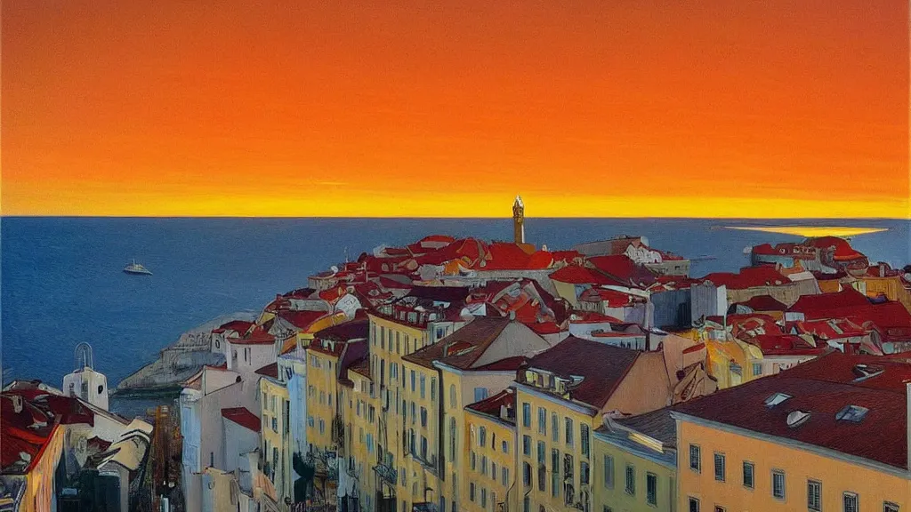 Image similar to street art. paralyzed by the indescribable beauty of the cosmos. amazing view of the sunrise from lisbon. art style by edward hopper daring, incredible