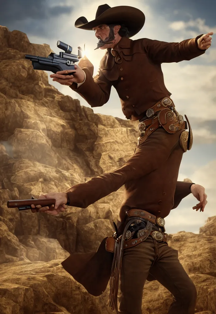 Prompt: an epic portrait of a cowboy firing his revolver Colt 45 while yelling, full body with dynamic pose, during archetypical Old West period, 19th century, male, detailed face, cinematic lighting, by concept art, masterpiece, fantastic, octane render, 8K HD Resolution, High quality image