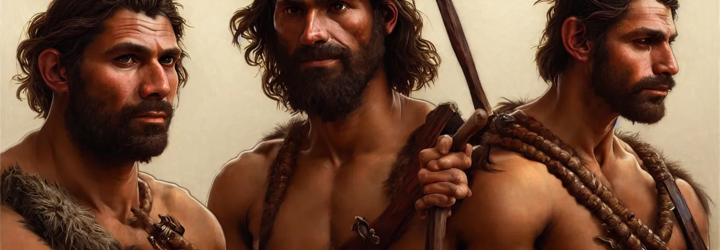 Image similar to renaissance upper body portrait of a gruff ranger with a spear, Australian Aboriginal, lean and toned, handsome face, hairy chest, D&D, intricate, elegant, highly detailed, digital painting, artstation, concept art, matte, sharp focus, illustration, art by da Vinci, Artgerm and Greg Rutkowski and Alphonse Mucha