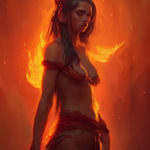 Image similar to a beautiful portrait of a fire goddess by greg rutkowski and raymond swanland, trending on artstation, flaming background, ultra realistic digital art