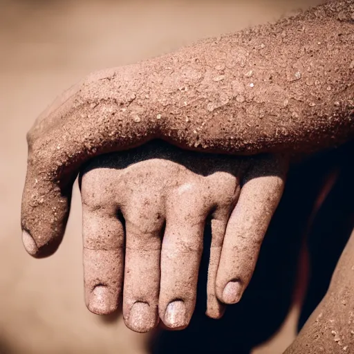 Image similar to a hand holding a face made of sand, color photo, 8 5 mm high depth of field, warm color palette