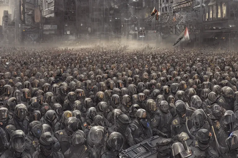 Image similar to police lined up, standing against the crowd of protesters with blank posters, сlear sky, concept art, intricate details, highly professionally detailed, cgsociety, highly detailed -