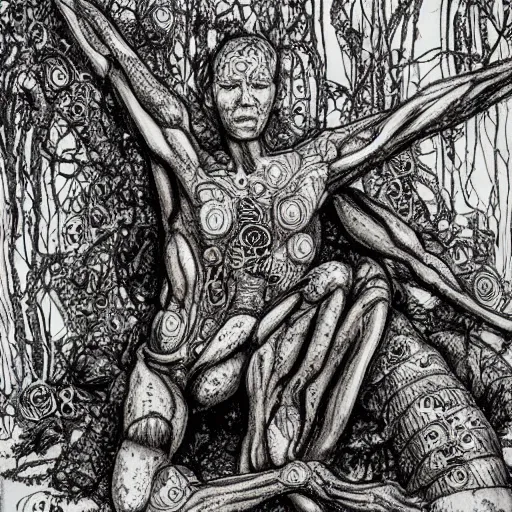 Image similar to cyborg The Thinker Sculpture covered in mushrooms & peyote & ayahuasca vines, sitting in a dense luscious forest, ink sketch, Naturalist