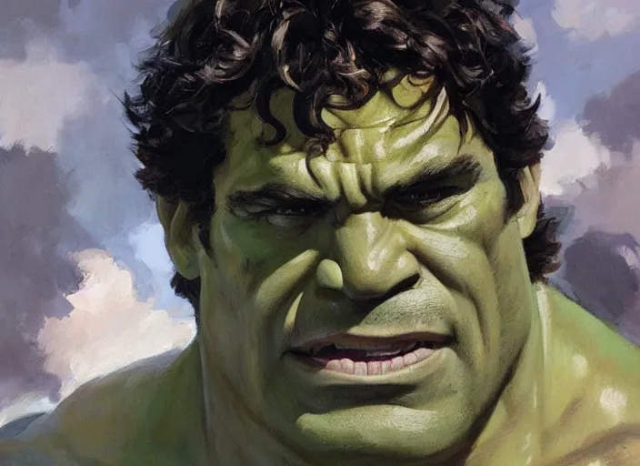 Image similar to a highly detailed beautiful portrait of mark ruffalo as the hulk, by gregory manchess, james gurney, james jean