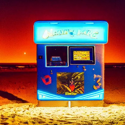 Image similar to a lovely arcade machine on the beach at night. photograph in the style of simon stalenhag