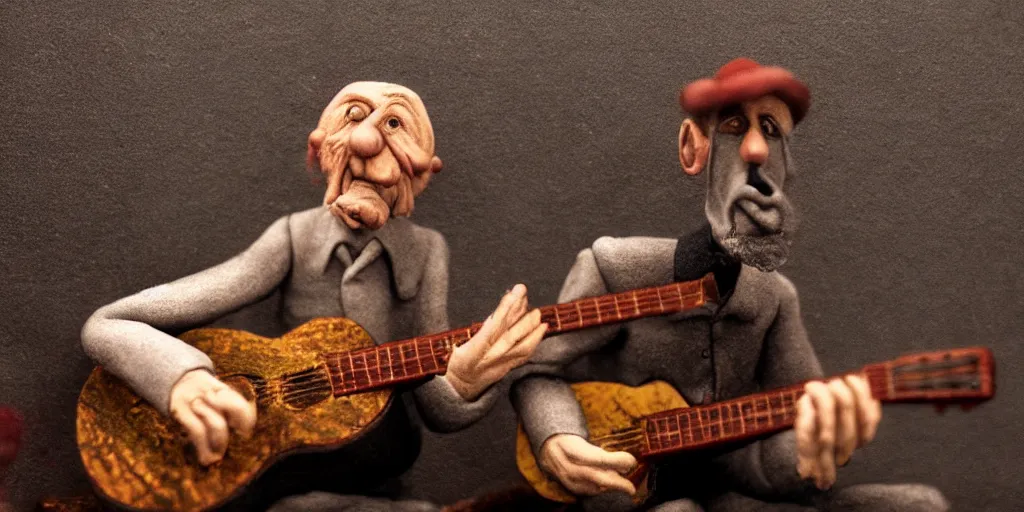 Prompt: a old man playing guitar, surrealistic detailed claymation art, moody, foggy