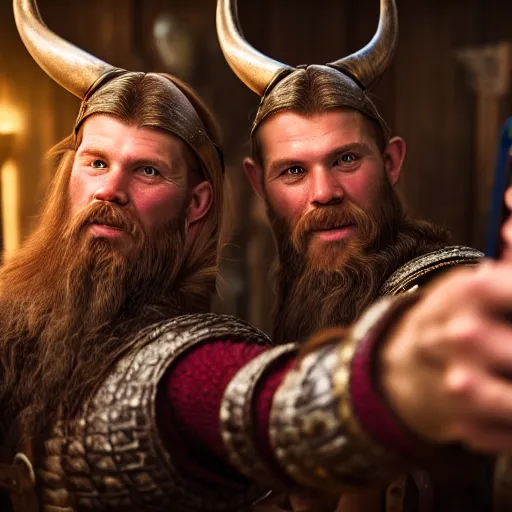 Prompt: Two viking brothers taking a selfie in a crowded tavern, anatomically correct, dof, Arnold Render, intricately detailed, 8k