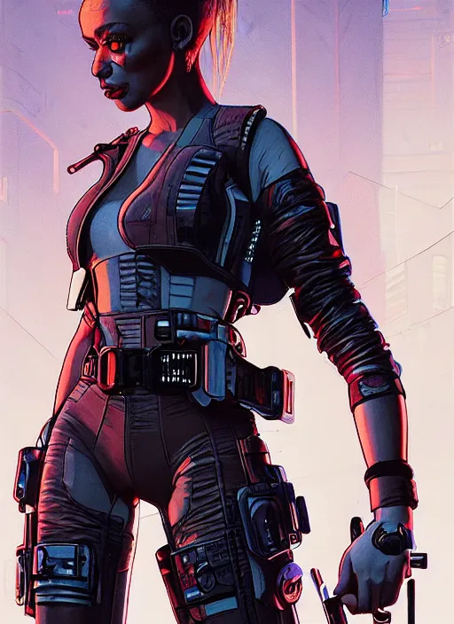 Prompt: sonya igwe. cyberpunk mercenary in tactical harness and jumpsuit. dystopian. portrait by stonehouse and mœbius and will eisner and gil elvgren and pixar. realistic proportions. cyberpunk 2 0 7 7, apex, blade runner 2 0 4 9 concept art. cel shading. attractive face. thick lines. moody industrial landscape.