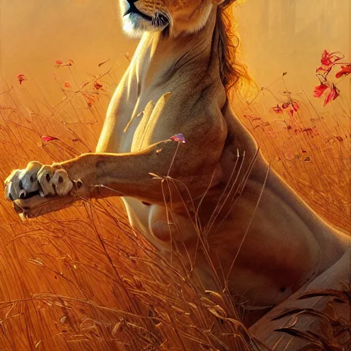 Prompt: highly detailed full portrait of a majestic lioness princess in the form of a beautiful lady. d & d, art by donato giancola and ruan jia and carl larsson and magali villeneuve. trending on artstation, intricate details, energetic composition, golden ratio, concept art, illustration, elegant art