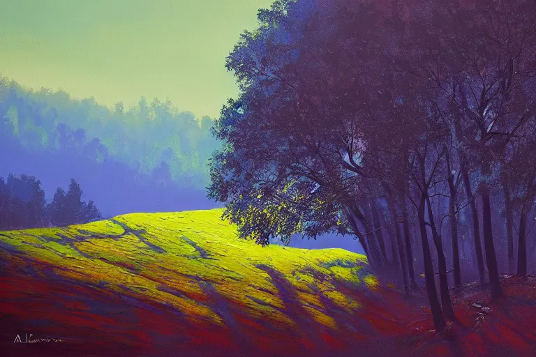 Prompt: masterpiece painting of oak trees on a hillside overlooking a creek, dramatic lighting, by alena aenami