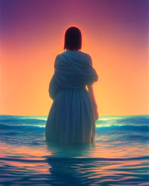 Image similar to a painting of a woman standing in the water. the woman is standing in front of a statue, a screenshot by stanley twardowicz, cgsociety, aestheticism, aesthetic, vaporwave, anime aesthetic, volumetric lighting