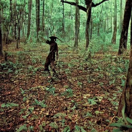 Prompt: Shadow creatures stalk through a forest, vietnam war photography