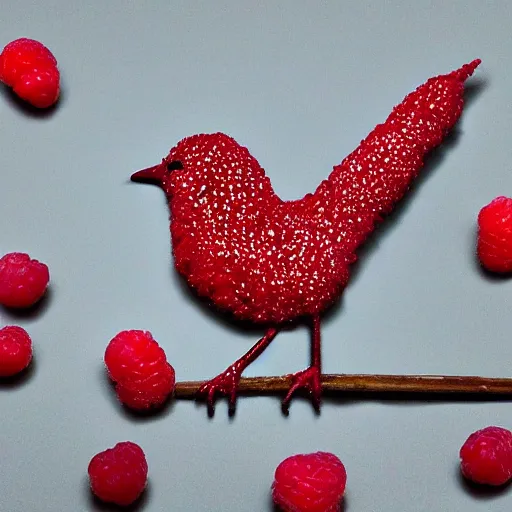 Prompt: photo of a bird made out of raspberries