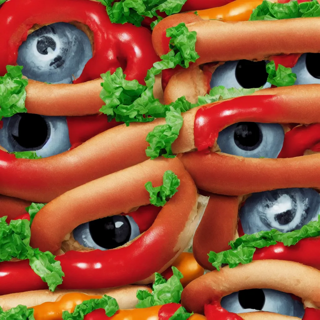 Prompt: hotdog made of human eyes photo with impact font top and bottom text