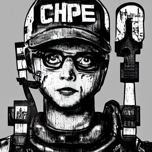 Image similar to chappie, back and white, zef design graffiti in the background, dark lighting, digital art