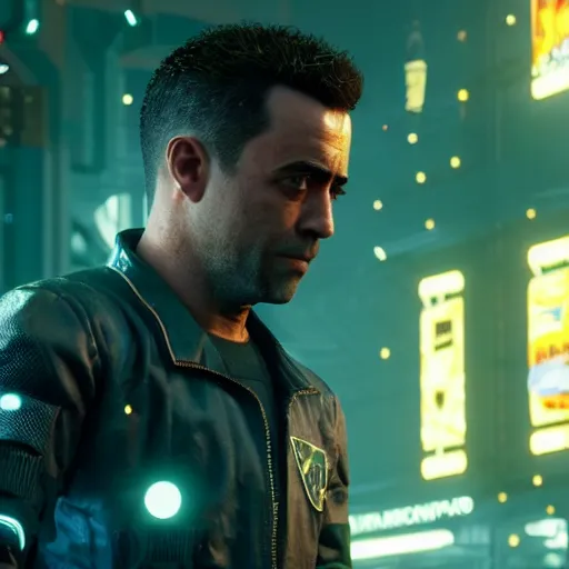 Prompt: still of xavi hernandez in cyberpunk 2 0 7 7