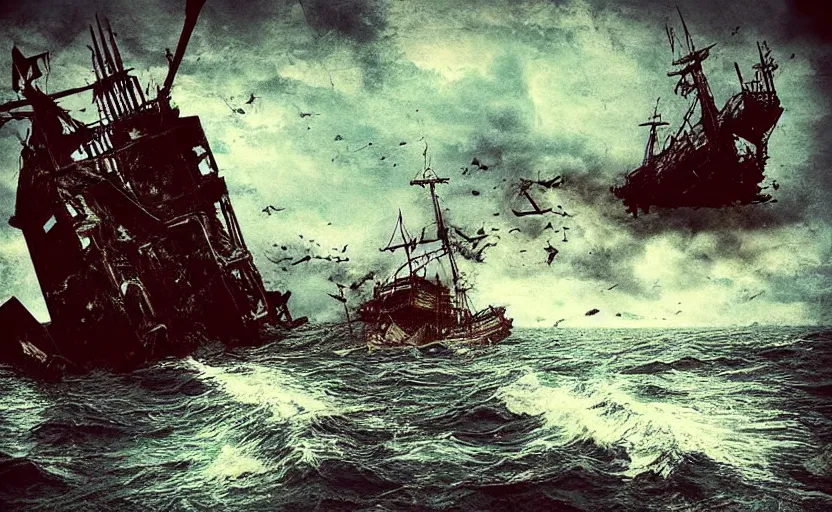 Prompt: “Pirate ship wreck falling from the sky, digital art, cinematic, award winning”