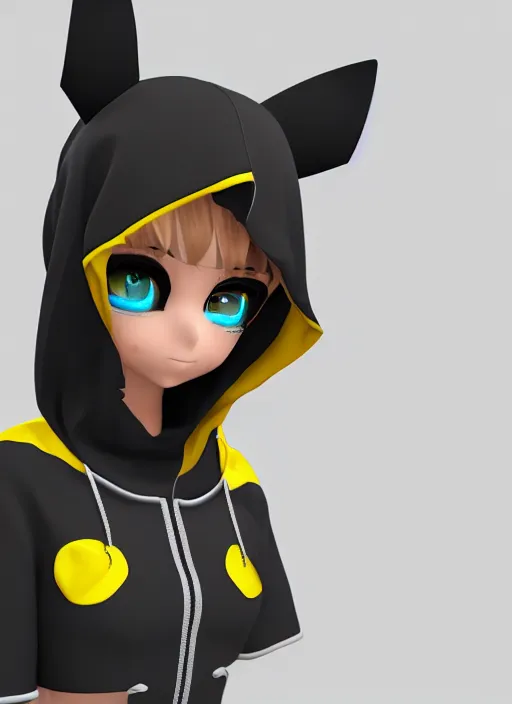 Image similar to vrchat, secondlife, imvu, 3 d model of a girl in a pikachu hoodie, hq render, detailed textures, artstationhd, booth. pm, highly detailed attributes and atmosphere, dim volumetric cinematic lighting, hd, unity unreal engine