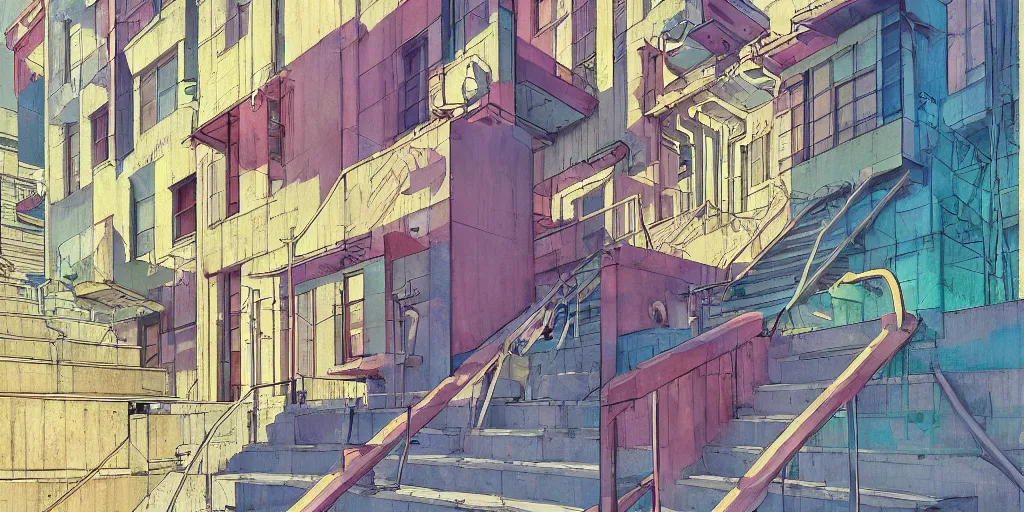 Image similar to neo brutralism, concrete housing, a long stairway going up, concept art, colorful, vivid colors, sunshine, light, shadows, reflections, oilpainting, cinematic, 3D, in the style of Akihiko Yoshida and Edward Hopper